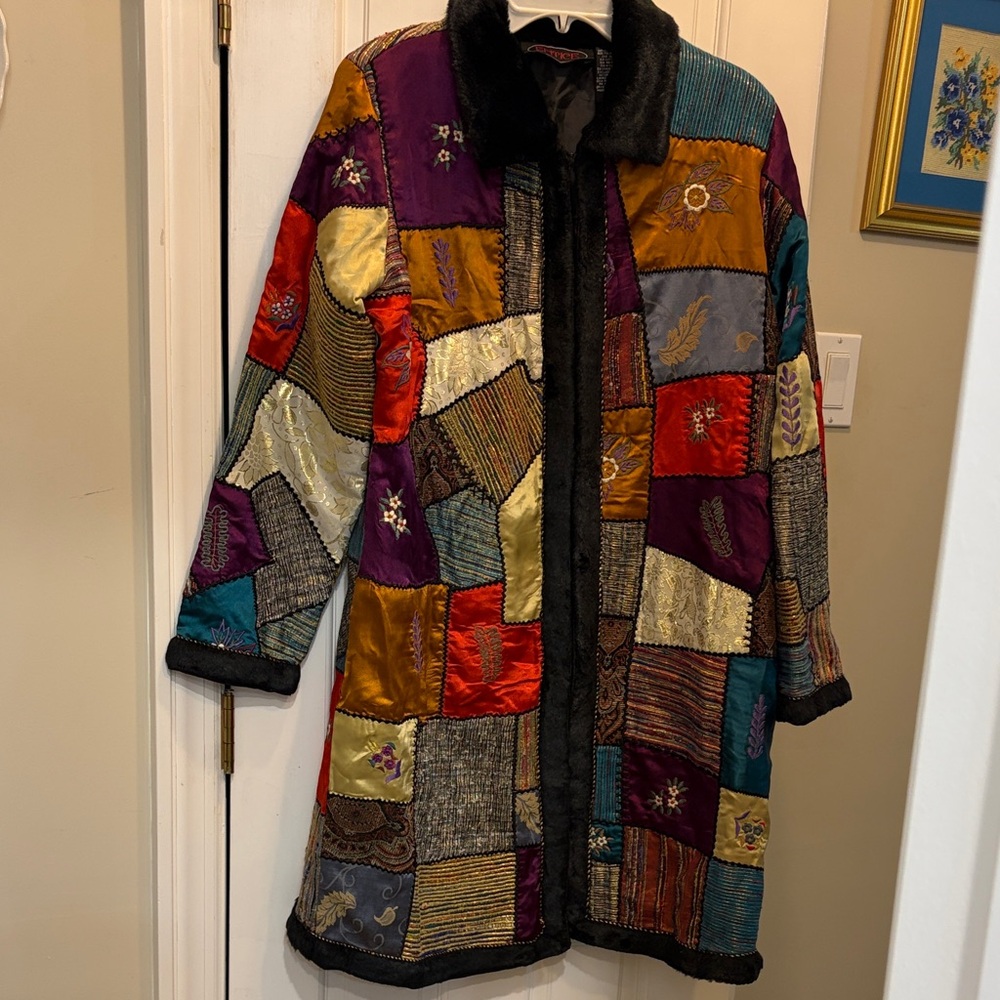 Vibrant Patchwork Vintage Mixed Media Coat - Art to Wear - Picture 8 of 15